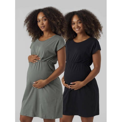 VERO MODA MATERNITY zwangerschapsjurk set van 2 groen zwart Dames Katoen Ronde hals S