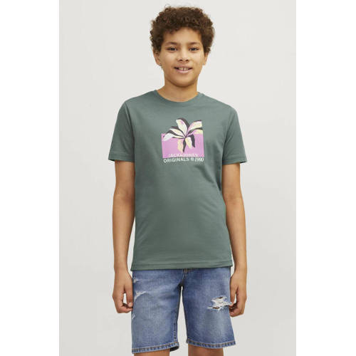 jack & jones JUNIOR T-shirt JORTAMPA met printopdruk kakigroen Jongens Katoen Ronde hals 128
