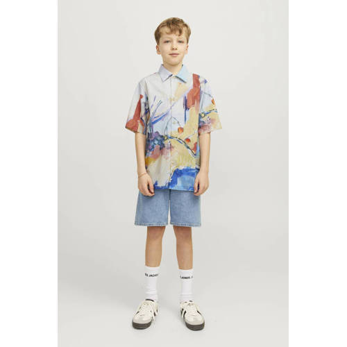 jack & jones JUNIOR overhemd JORLANDSCAPE met all over print blauw multicolor Jongens Katoen Klassieke kraag 140