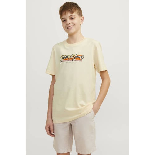 jack & jones JUNIOR T-shirt JORTAMPA FASTRUNNER1 met logo ecru Jongens Katoen Ronde hals 128