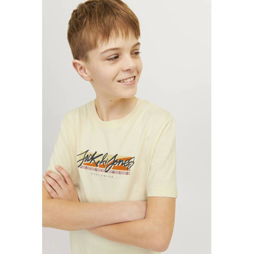 jack & jones JUNIOR T-shirt JORTAMPA FASTRUNNER1 met logo ecru Jongens Katoen Ronde hals 128
