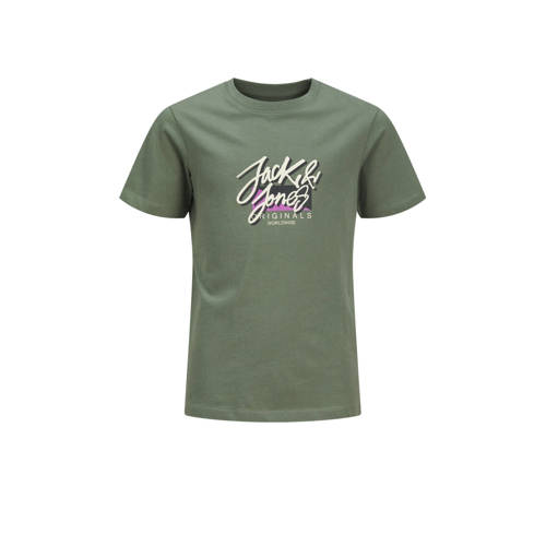 JACK & JONES JUNIOR T-shirt JORTAMPA FASTRUNNER1 met logo kakigroen Jongens Katoen Ronde hals