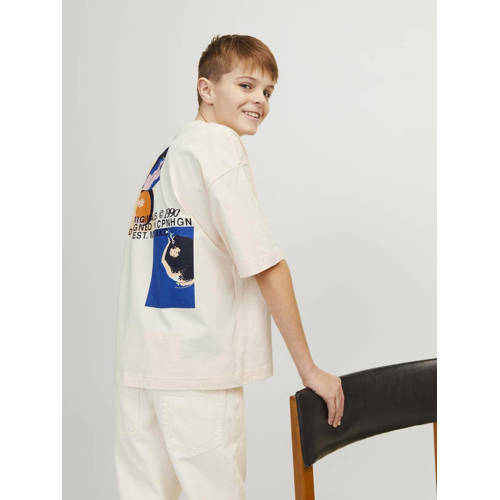 jack & jones JUNIOR T-shirt JORTAMPA met backprint ecru Jongens Katoen Ronde hals 128