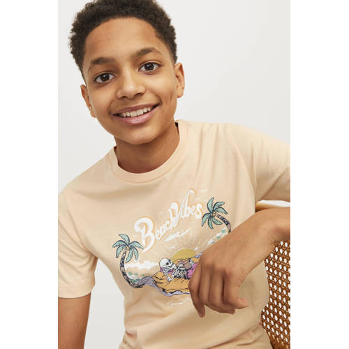 jack & jones JUNIOR T-shirt JJZION met printopdruk zachtoranje Jongens Katoen Ronde hals 128