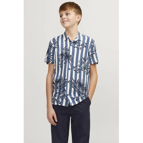 jack & jones JUNIOR overhemd JJJEFF RESORT met all over print blauw wit Jongens Viscose Klassieke kraag 128