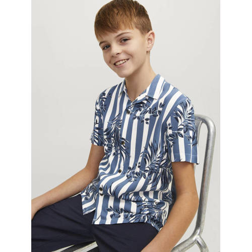 Jack & jones JUNIOR overhemd JJJEFF RESORT met all over print blauw wit Jongens Viscose Klassieke kraag 128