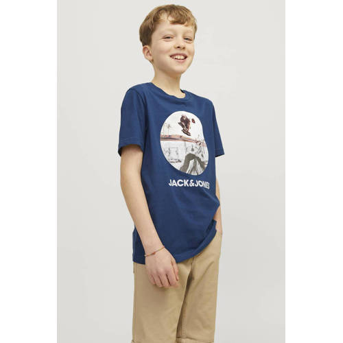 jack & jones JUNIOR T-shirt JJNAVIN met printopdruk donkerblauw Jongens Katoen Ronde hals 128