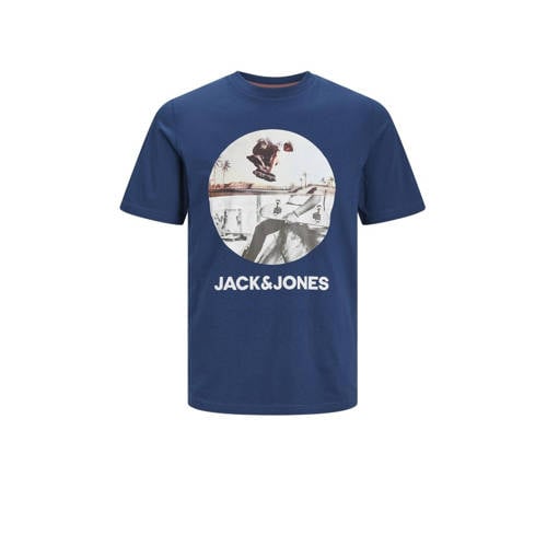 JACK & JONES JUNIOR T-shirt JJNAVIN met printopdruk donkerblauw Jongens Katoen Ronde hals