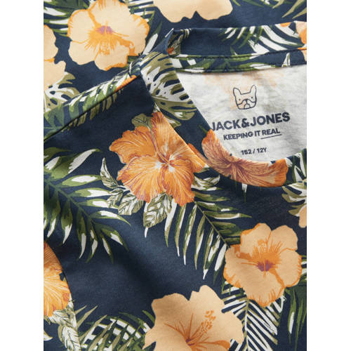 jack & jones JUNIOR T-shirt JJCHILL met all over print donkerblauw geel Jongens Katoen Ronde hals 116