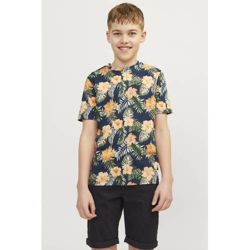 jack & jones JUNIOR T-shirt JJCHILL met all over print donkerblauw geel Jongens Katoen Ronde hals 116