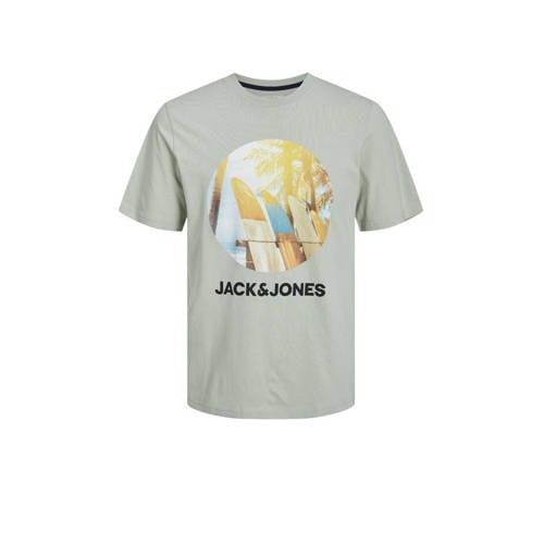 JACK & JONES JUNIOR T-shirt JJNAVIN met printopdruk saliegroen Jongens Katoen Ronde hals
