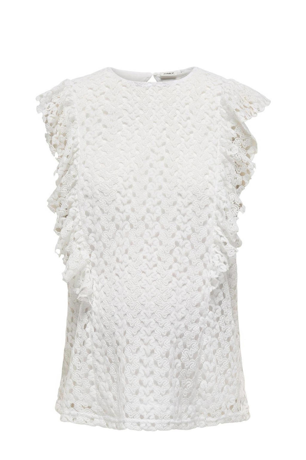 Witte dames ONLY MATERNITY semi-transparante zwangerschapstop van polyester met effen, ronde hals, knoopsluiting en open breisel