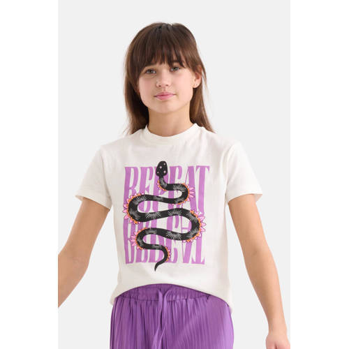 Shoeby T-shirt met printopdruk wit paars Meisjes Katoen Ronde hals Printopdruk 98 104