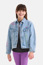 thumbnail: Medium blue denim meisjes Shoeby spijkerjas van denim met backprint, lange mouwen, klassieke kraag, knoopsluiting en borduursels