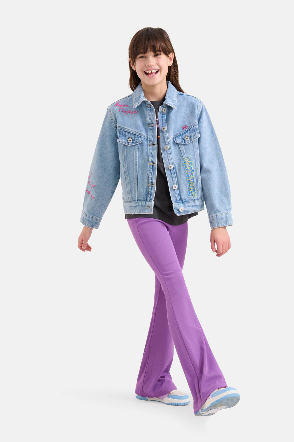 Light blue denim meisjes Shoeby spijkerjas van denim met effen, lange mouwen, klassieke kraag, knoopsluiting en borduursels