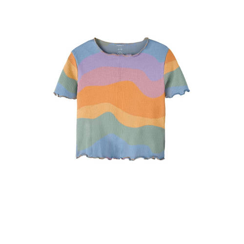 NAME IT KIDS T-shirt NKFHERMINA met all over print blauw/multicolor Meisjes Biologisch katoen Ronde hals