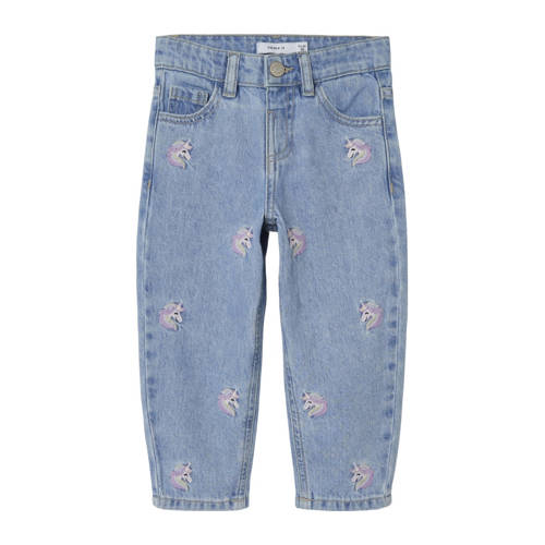 NAME IT MINI loose fit jeans NMFBELLA met all over print en borduursels light blue denim Blauw Meisjes Stretchdenim