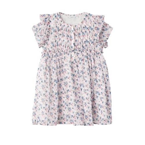 NAME IT MINI A-lijn jurk NMFFENORMA met all over print wit/roze/blauw Meisjes Polyester Ronde hals - 104