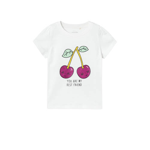 NAME IT MINI T-shirt NMFVIBEKE CAPSL TOP met printopdruk wit/paars Meisjes Katoen Ronde hals - 104