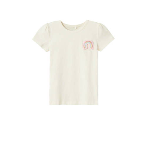 NAME IT MINI T-shirt NMFFEDORA met printopdruk en 3D applicatie offwhite Wit Meisjes Biologisch katoen Ronde hals