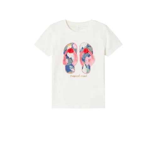 NAME IT MINI T-shirt NMFFRANSISCA met printopdruk en 3D applicatie wit Meisjes Stretchkatoen Ronde hals