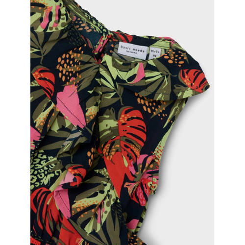 name it MINI gebloemde jurk NMFVINAYA groen donkerblauw roze Meisjes Polyester Ronde hals 80