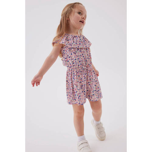 name it MINI gebloemde jumpsuit NMFVINAYA roze wit blauw Meisjes Gerecycled polyester Boothals 80