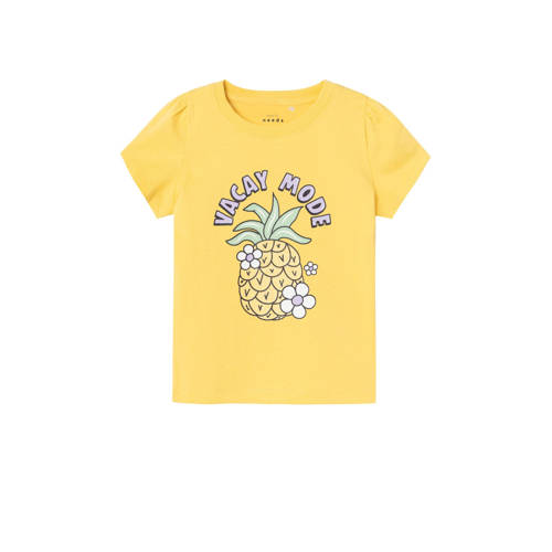NAME IT MINI T-shirt NMFVIBEKE CAPSL TOP met printopdruk geel Meisjes Katoen Ronde hals - 104