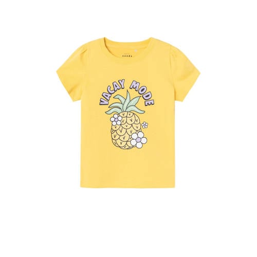 NAME IT MINI T-shirt NMFVIBEKE CAPSL TOP met printopdruk geel Meisjes Katoen Ronde hals