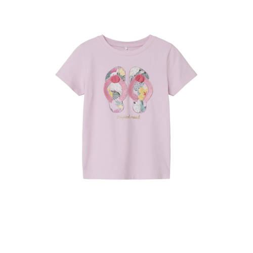 NAME IT MINI T-shirt NMFFRANSISCA met printopdruk en 3D applicatie lichtroze Meisjes Stretchkatoen Ronde hals