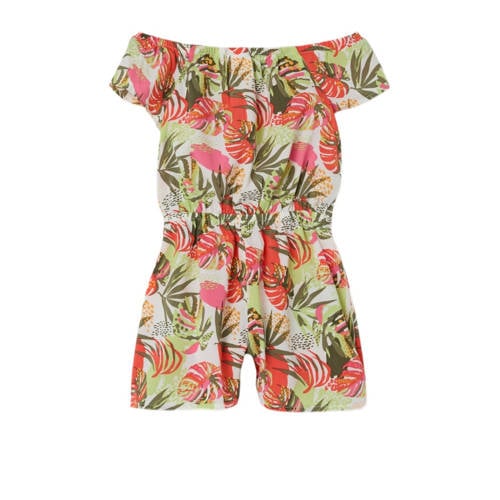 name it MINI gebloemde jumpsuit NMFVINAYA groen rood wit Meisjes Gerecycled polyester Boothals 80