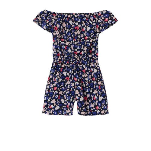 name it MINI gebloemde jumpsuit NMFVINAYA donkerblauw roze wit Meisjes Gerecycled polyester Boothals 80