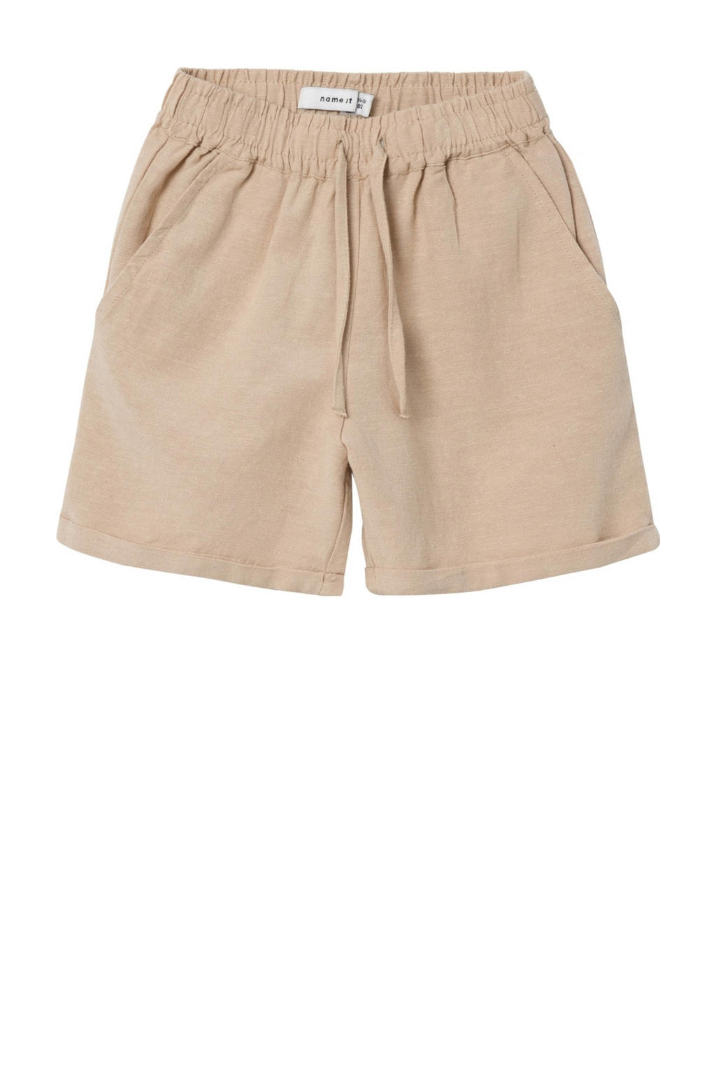 Beige jongens NAME IT MINI baby casual short van viscose met elastische tailleband met koord en effen