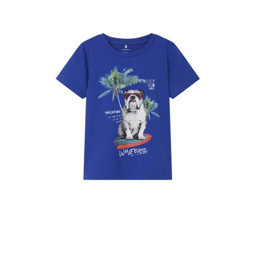 NAME IT MINI T-shirt NMMFELO met printopdruk hardblauw Jongens Biologisch katoen Ronde hals