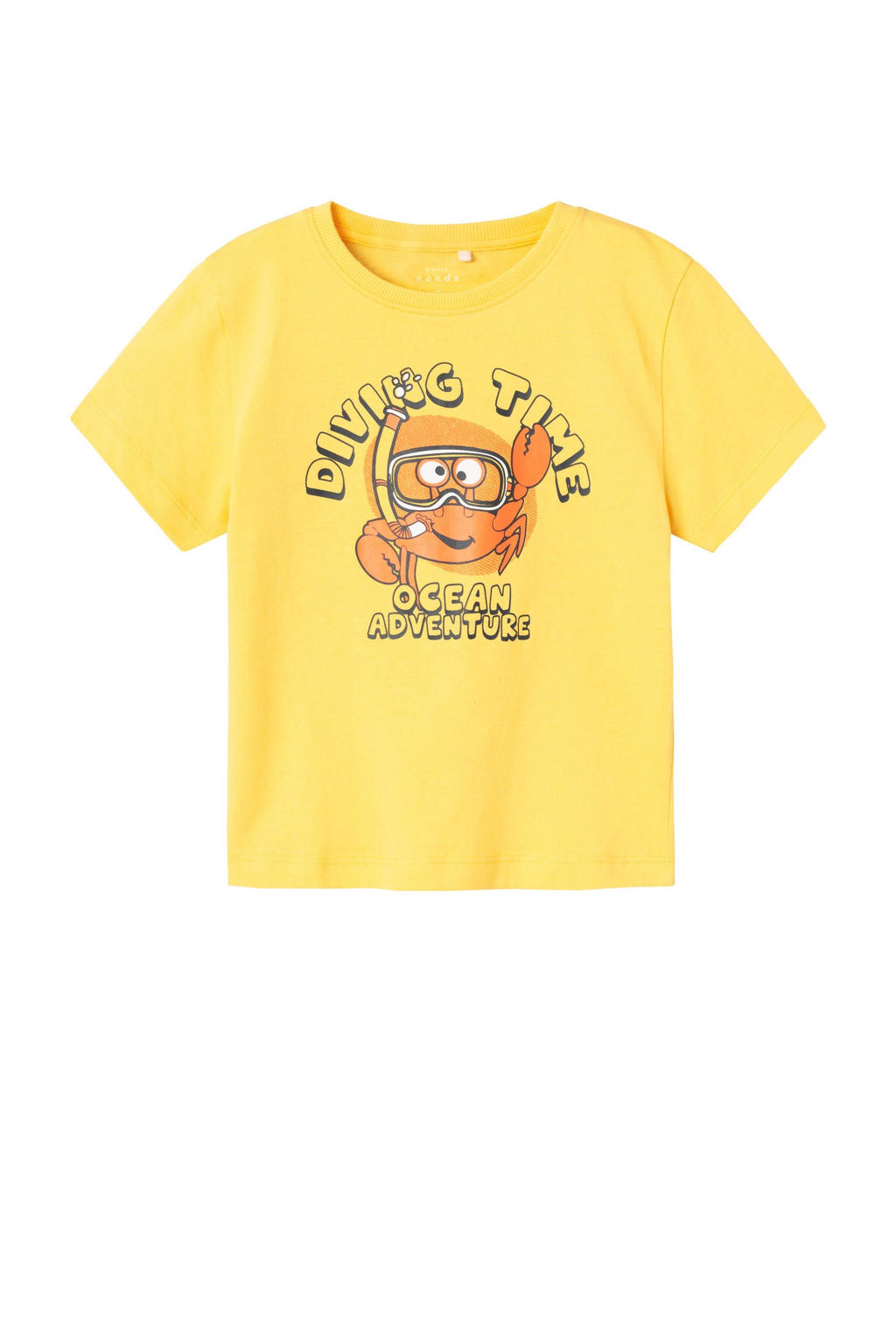Gele jongens NAME IT MINI T-shirt van katoen met printopdruk, korte mouwen en ronde hals