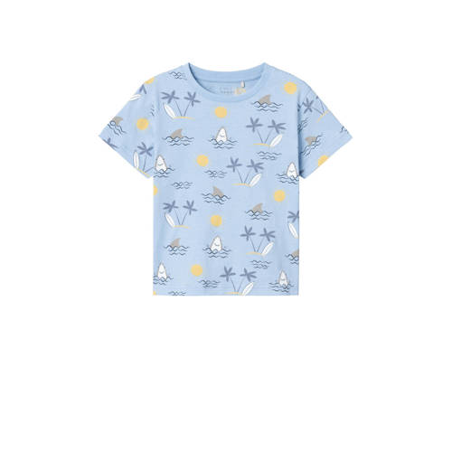 NAME IT MINI T-shirt NMMVALTHER met all over print lichtblauw/geel/wit Jongens Biologisch katoen Ronde hals