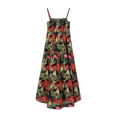 Name it KIDS maxi jurk NKFVINAYA met all over print donkerblauw roze groen Meisjes Gerecycled polyester Ronde hals 116