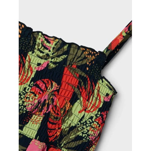 name it KIDS maxi jurk NKFVINAYA met all over print donkerblauw roze groen Meisjes Polyester Ronde hals 116