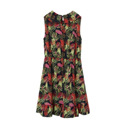 name it KIDS jurk NKFVINAYA met all over print en volant donkerblauw roze groen Meisjes Polyester Ronde hals 116