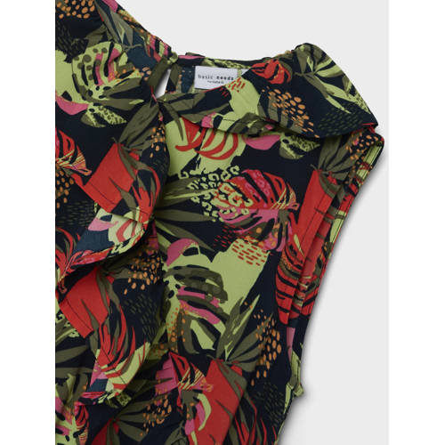 name it KIDS jurk NKFVINAYA met all over print en volant donkerblauw roze groen Meisjes Polyester Ronde hals 116