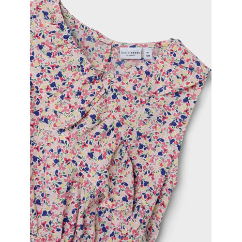 name it KIDS jurk NKFVINAYA met all over print en volant roze wit geel Meisjes Gerecycled polyester Ronde hals 116