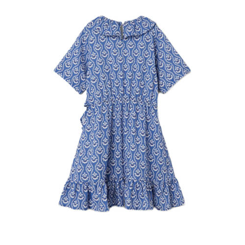 name it KIDS jurk NKFFAMMINA met all over print en ruches blauw wit Meisjes Katoen V-hals 116