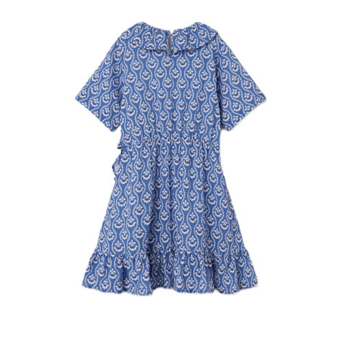 Name it KIDS jurk NKFFAMMINA met all over print en ruches blauw wit Meisjes Katoen V-hals 116