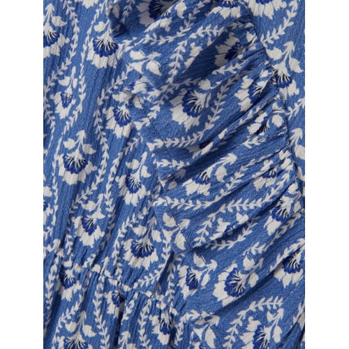 name it KIDS jurk NKFFAMMINA met all over print en ruches blauw wit Meisjes Katoen V-hals 116
