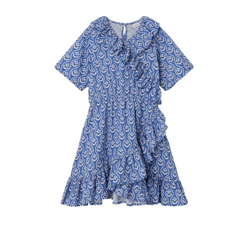 NAME IT KIDS jurk NKFFAMMINA met all over print en ruches blauw/wit Meisjes Katoen V-hals - 116