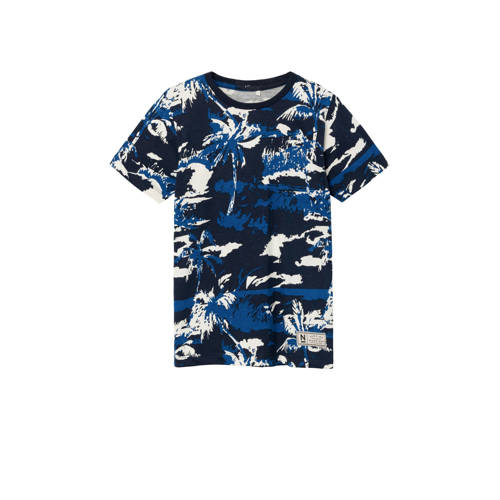 NAME IT KIDS T-shirt NKMZANULLE met all over print donkerblauw/blauw Jongens Katoen Ronde hals