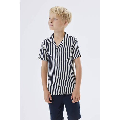 Name it KIDS gestreept overhemd NKMFERANE donkerblauw beige Jongens Viscose Klassieke kraag 122 128