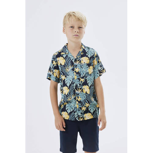 name it KIDS overhemd NKMFERANE met all over print donkerblauw geel groen Jongens Viscose Klassieke kraag 116