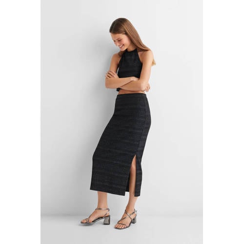 Mango Kids gestreepte rok zwart Meisjes Polyamide Streep 152(XXS)