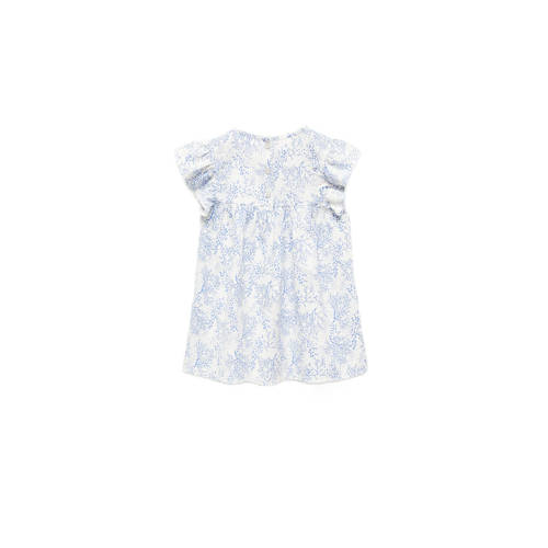 Mango Kids top met all over print en ruches blauw wit Meisjes Katoen Ronde hals 104